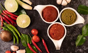 Green curry paste and red curry paste made from chili.